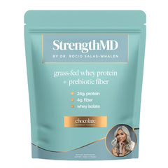 StrengthMD grass-fed whey protein chocolate serving emphasizes creamy, milkshake-like texture.