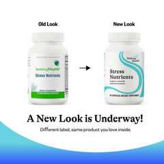 Allergen-free icons and packaging details on Stress Nutrients