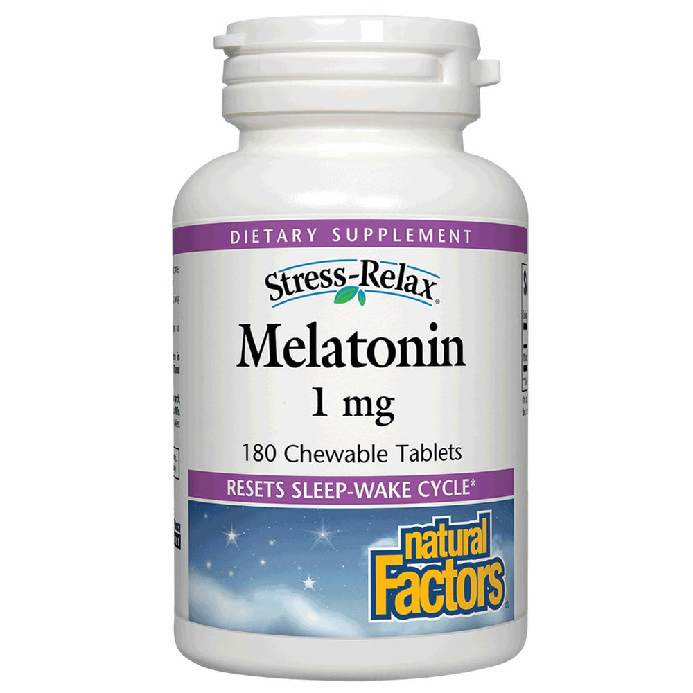Front view of Stress-Relax Melatonin 1 mg peppermint chewable tablets bottle