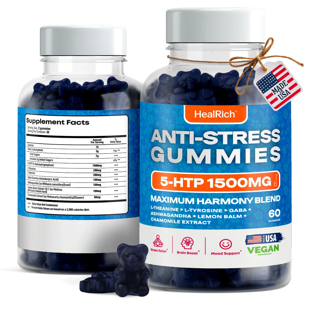 Healrich Stress Relief Gummies bottle showing 1500MG 5-HTP