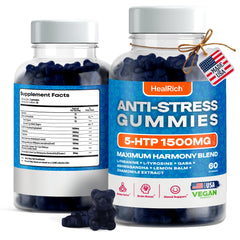 Healrich Stress Relief Gummies bottle showing 1500MG 5-HTP