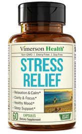 Bottle label for stress relief supplement featuring 60 capsules and key ingredients