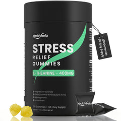 Hero image of Stress Support Gummies with lemon flavor and label