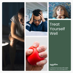 Vegan, sugar free, gluten free and dairy free seals on Stress Support Gummies