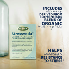 Packaging of Flora Health Stressveda bottle with 30 vegetarian capsules