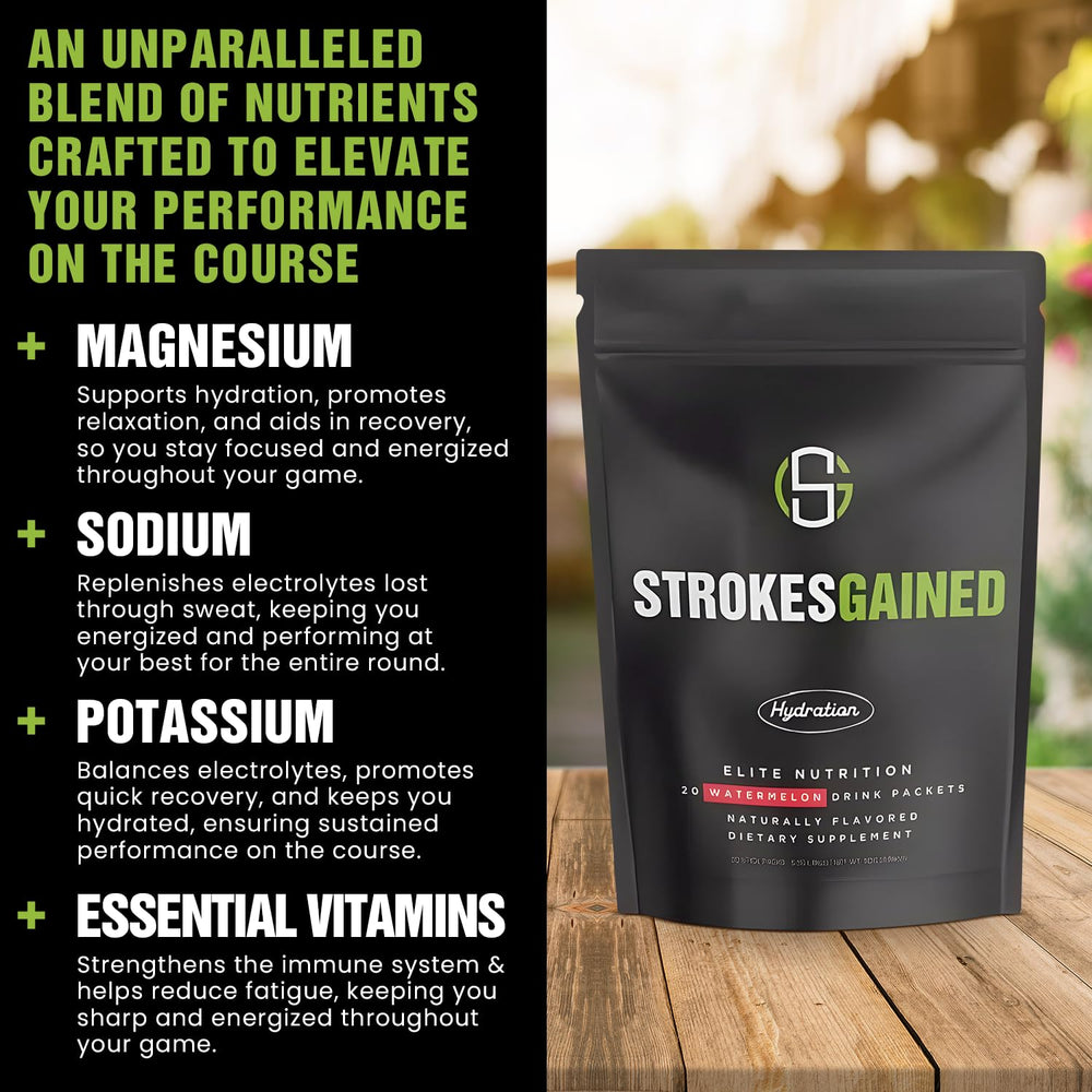 Strokes Gained Hydration rapid-dissolve powder in water for quick refreshment.