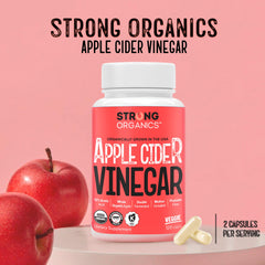 Strong Organics ACV Caps label close-up emphasizes organic, non-GMO formula.