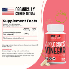 Strong Organics ACV Caps label close-up emphasizes organic, non-GMO formula.