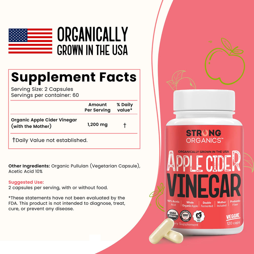 Strong Organics ACV Caps ingredient list shows organic apples and prebiotic gum Arabic.