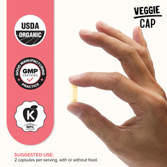 Strong Organics ACV Caps ingredient list shows organic apples and prebiotic gum Arabic.