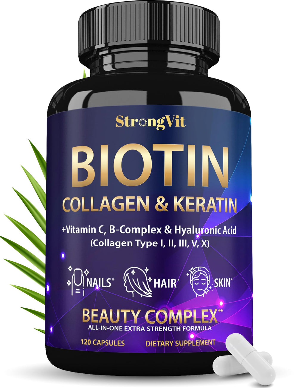StrongVit Biotin with Hyaluronic Acid Keratin and Collagen 120-capsule bottle