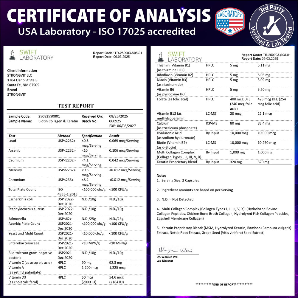 StrongVit bottle labeled third-party lab tested in the USA