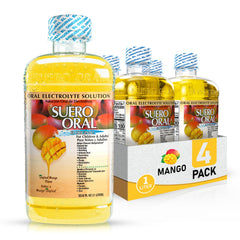 Front view of Suero Oral Mango Electrolyte Solution 1L bottle in a 4-pack