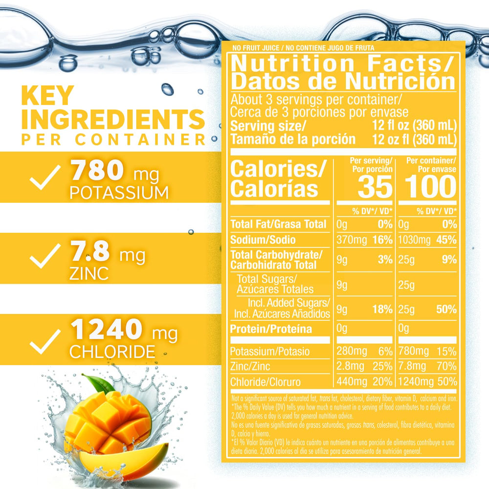 Label showing ingredients and zinc on Suero Oral Mango bottle