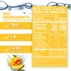Label showing ingredients and zinc on Suero Oral Mango bottle
