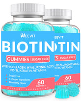 Sugar-Free Biotin Gummies bottle label featuring Collagen, Keratin and Hyaluronic Acid