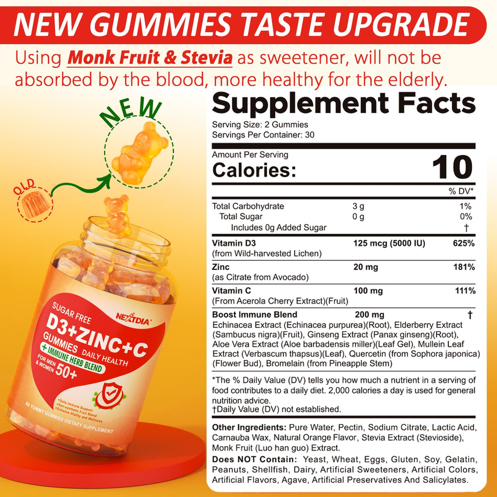 Sugar Free Vitamin C D3 Zinc Gummies for Adults 50+ pack 2 back/nutrition panel