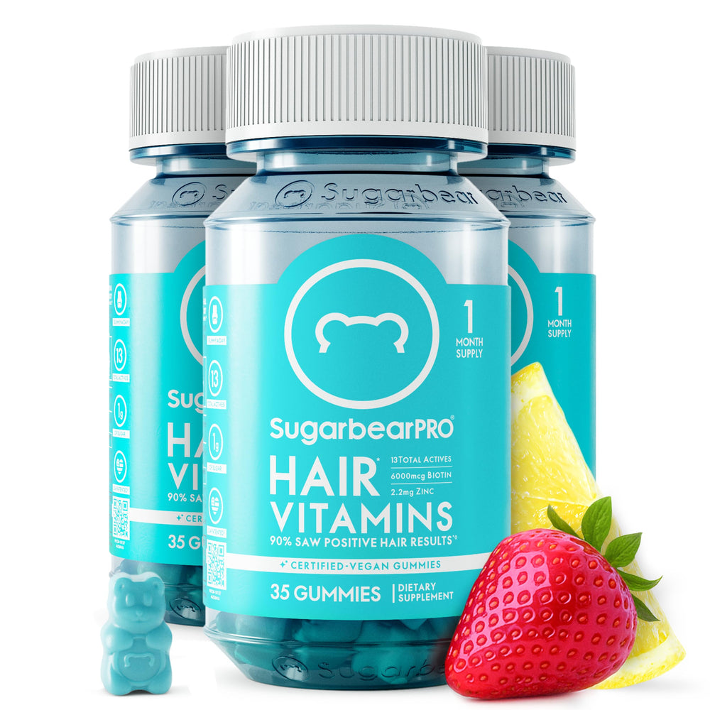 SugarBearHair front packaging showing three bottles and product benefits