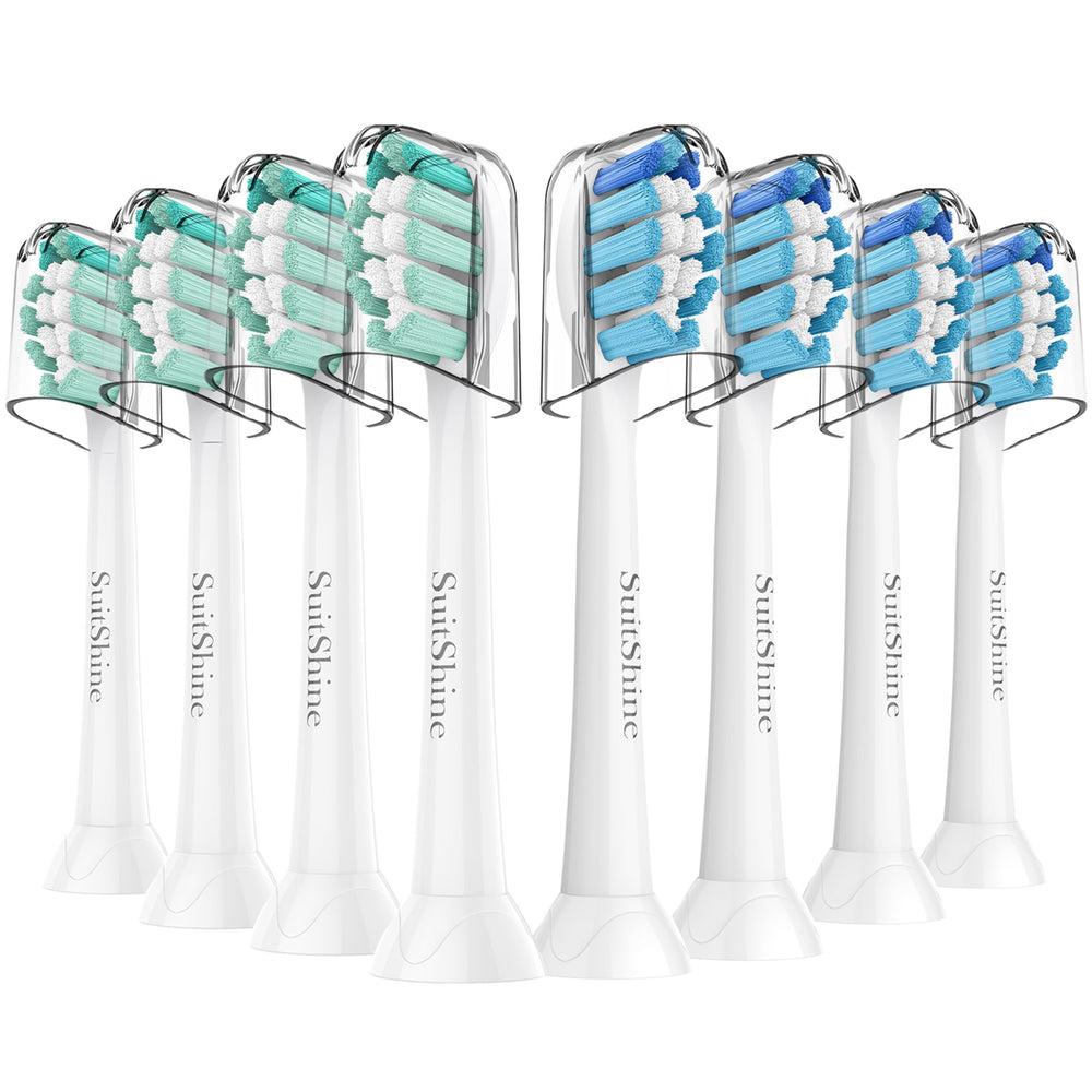 SuitShine 8-pack replacement toothbrush heads in white, compatible with Philips Sonicare models