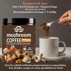 Mushroom coffee powder being scooped into a spoon