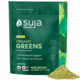 Front view of Suja Organic Greens Powder probiotic blend packaging with scoop