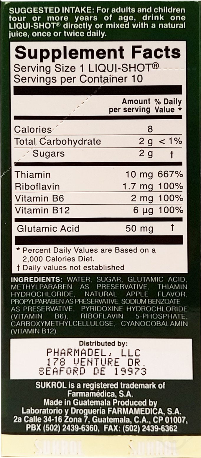 Front view of Sukrol Liquid Shot 10 units packaging