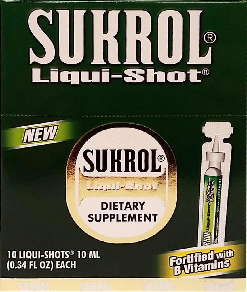 Sukrol packaging and shot bottle on display