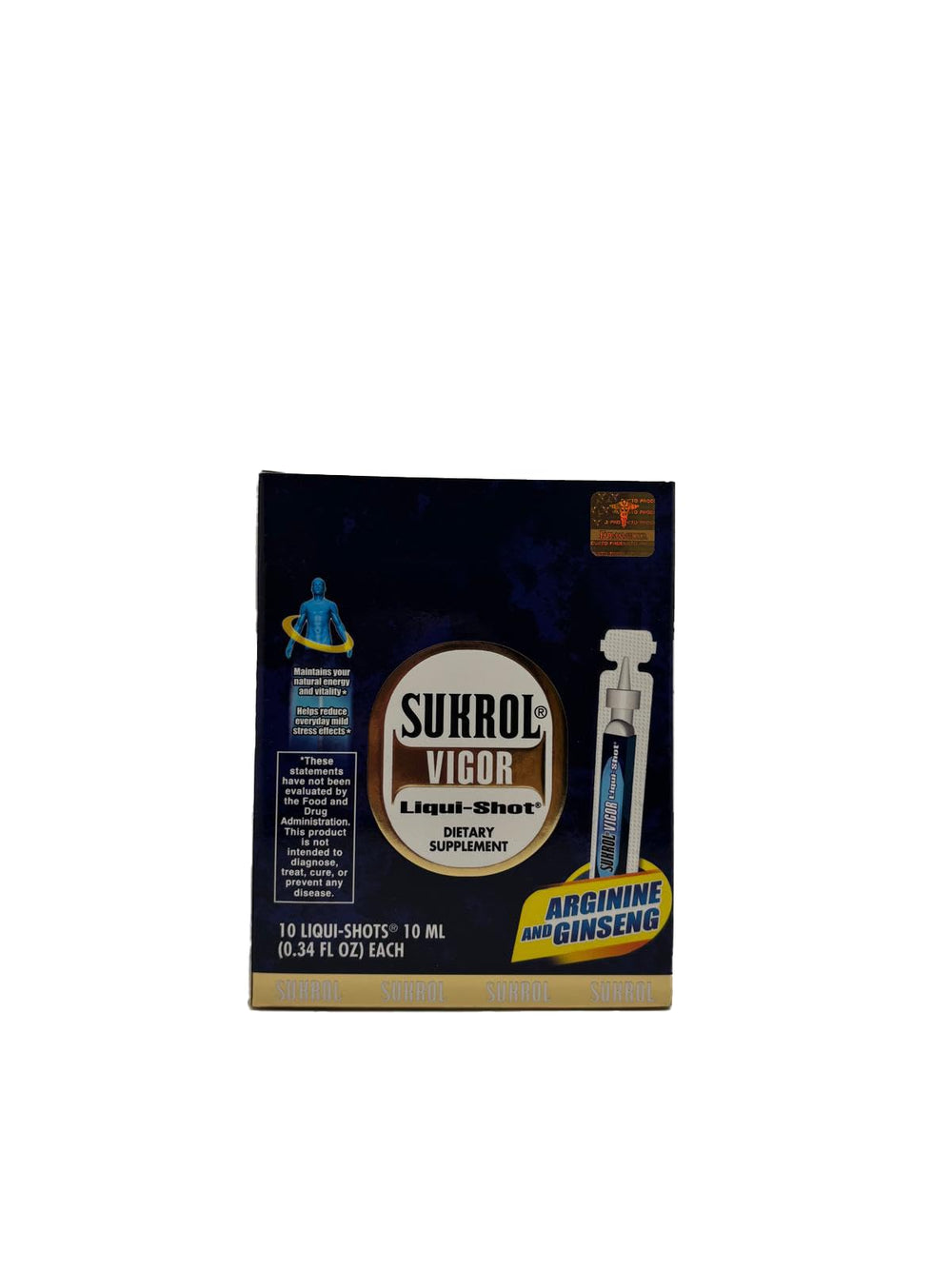 Back panel showing nutritional information of Sukrol VIGOR LIQUI-SHOT, 10 oz