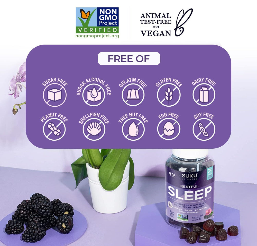 Travel-friendly bottle of SUKU Restful Sleep Gummies