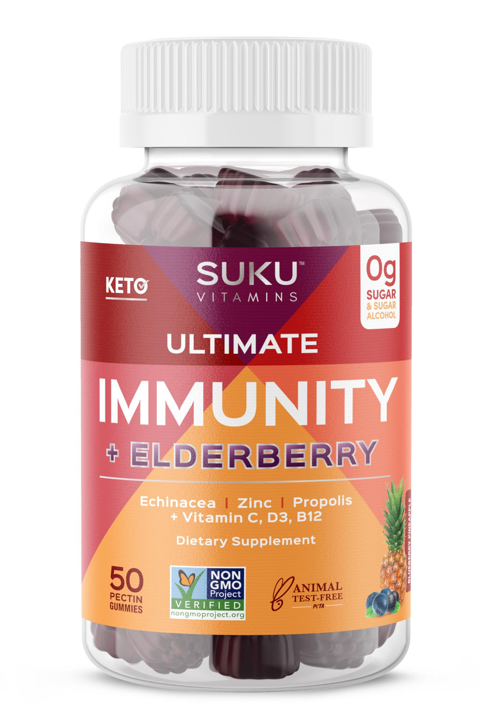 SUKU Ultimate Immunity Gummies bottle with elderberry, echinacea and propolis
