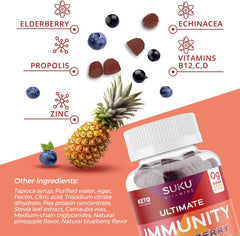 Front of SUKU Ultimate Immunity Gummies packaging showing 50-count bottle