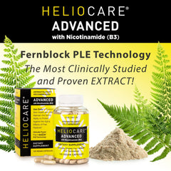 Sun protection setup with sunscreen beside Heliocare Advanced capsules