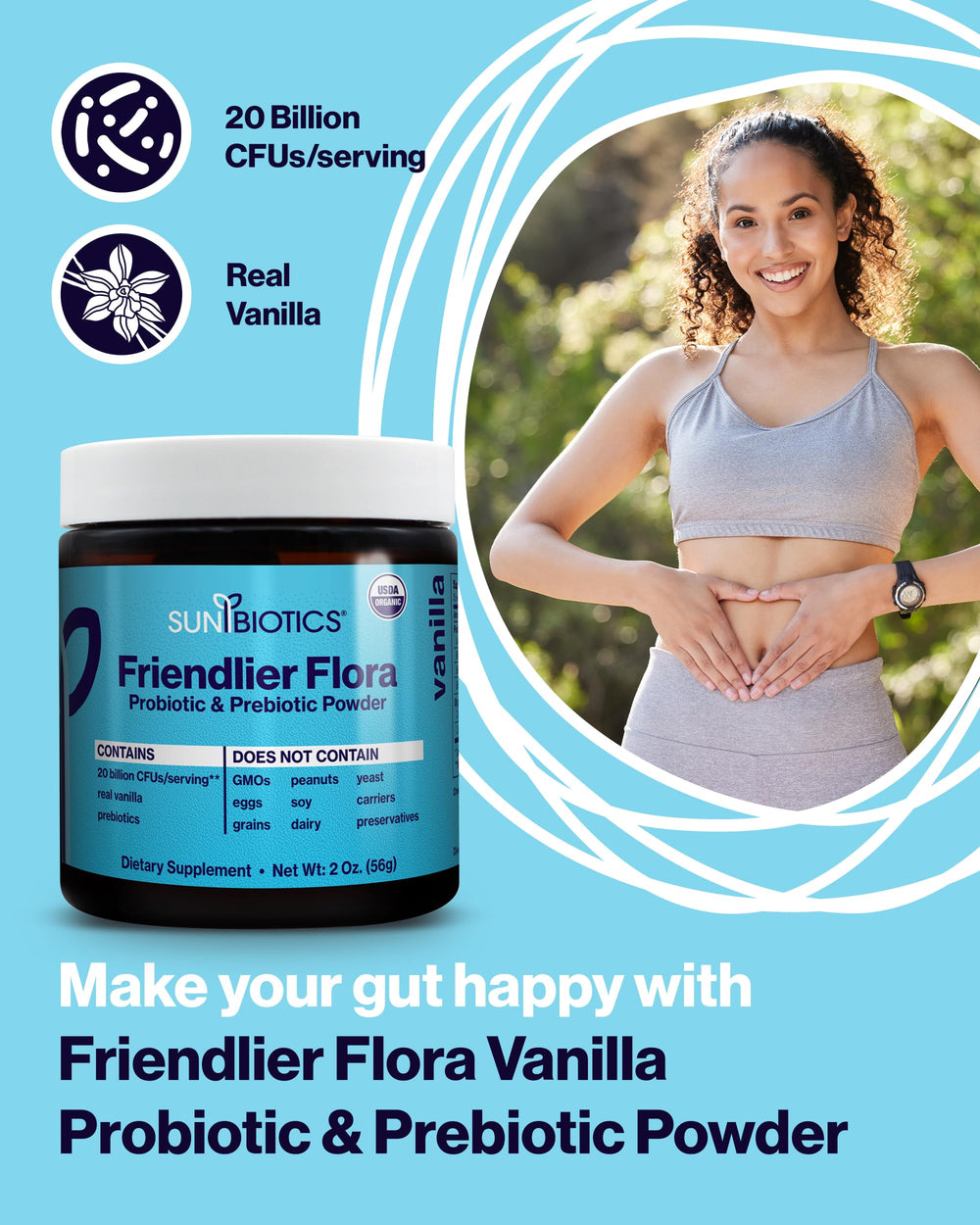 Product label highlighting 20 billion CFUs and four probiotic strains