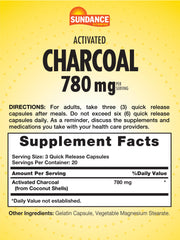Front view of Sundance Activated Charcoal 780mg bottle packaging
