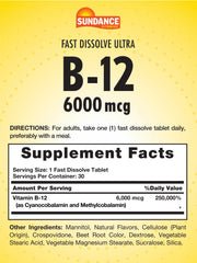 Close-up of Sundance B-12 fast-dissolve tablets, 30-count