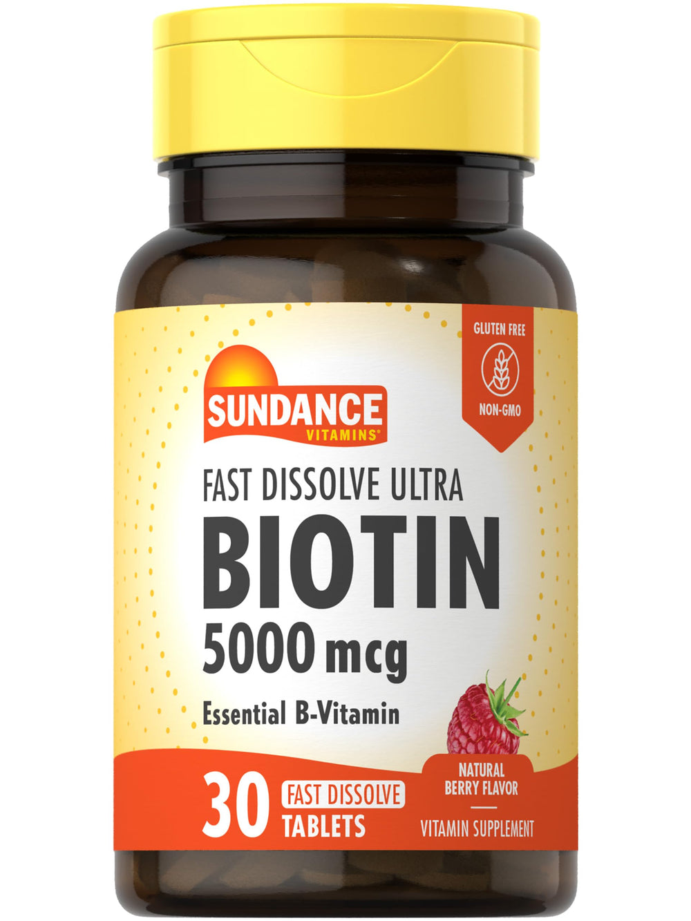 Front view of Sundance Biotin 5000mcg fast dissolve bottle with berry flavor