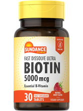 Front view of Sundance Biotin 5000mcg fast dissolve bottle with berry flavor