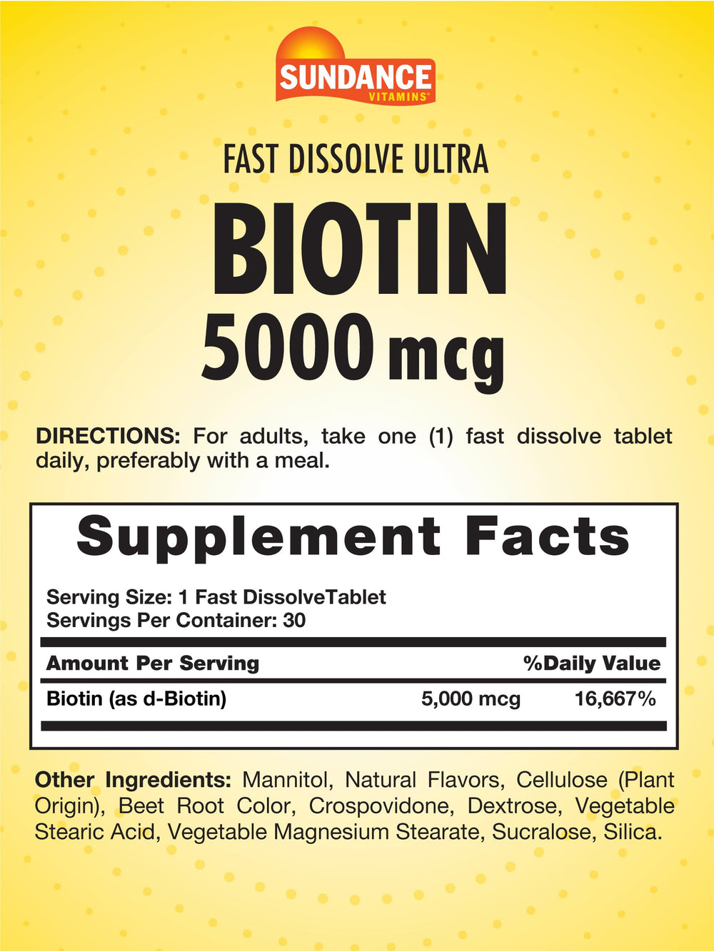 Close-up of Biotin 5000mcg fast dissolve berry tablet