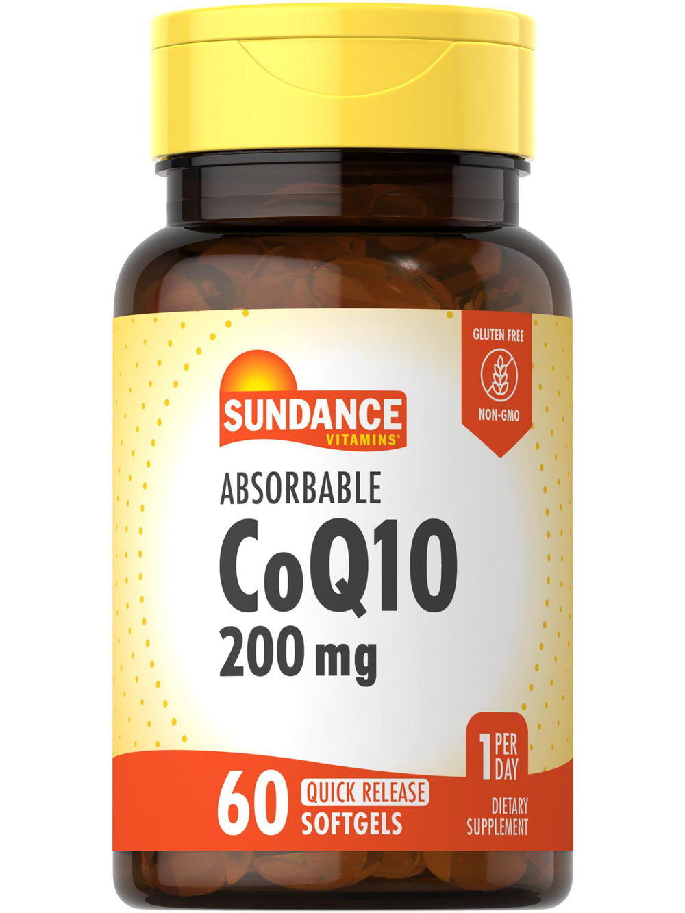 Bottle of Sundance CoQ10 200mg Softgels with label