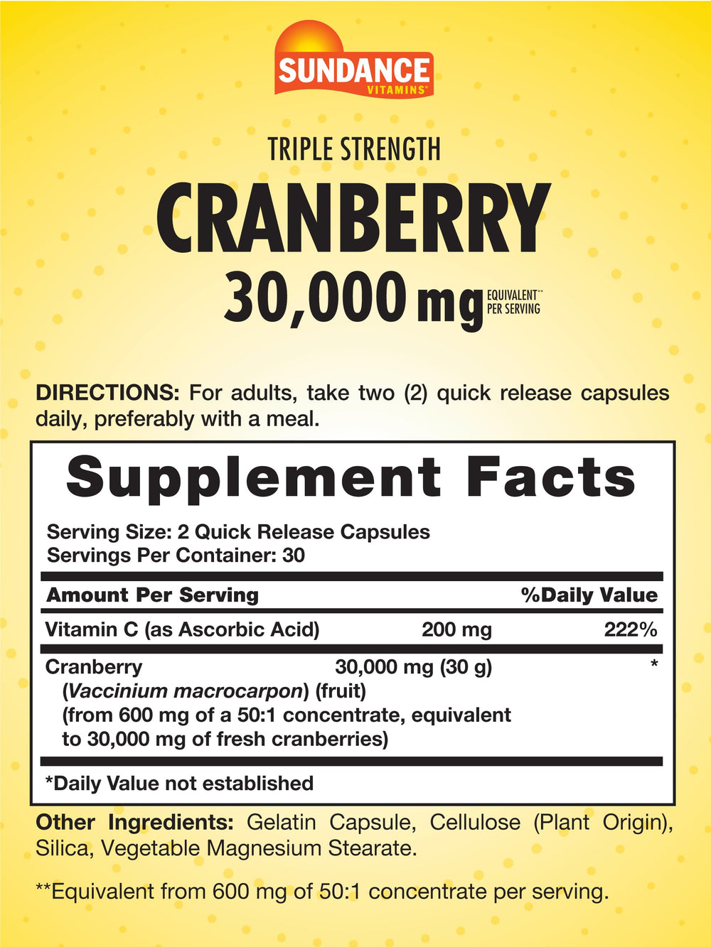 Back label detailing cranberry dosage and ingredients
