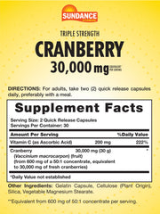 Back label detailing cranberry dosage and ingredients