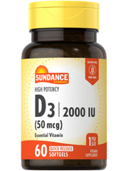 Sundance Vitamin D3 2000 IU bottle with 60 quick-release softgels – front view