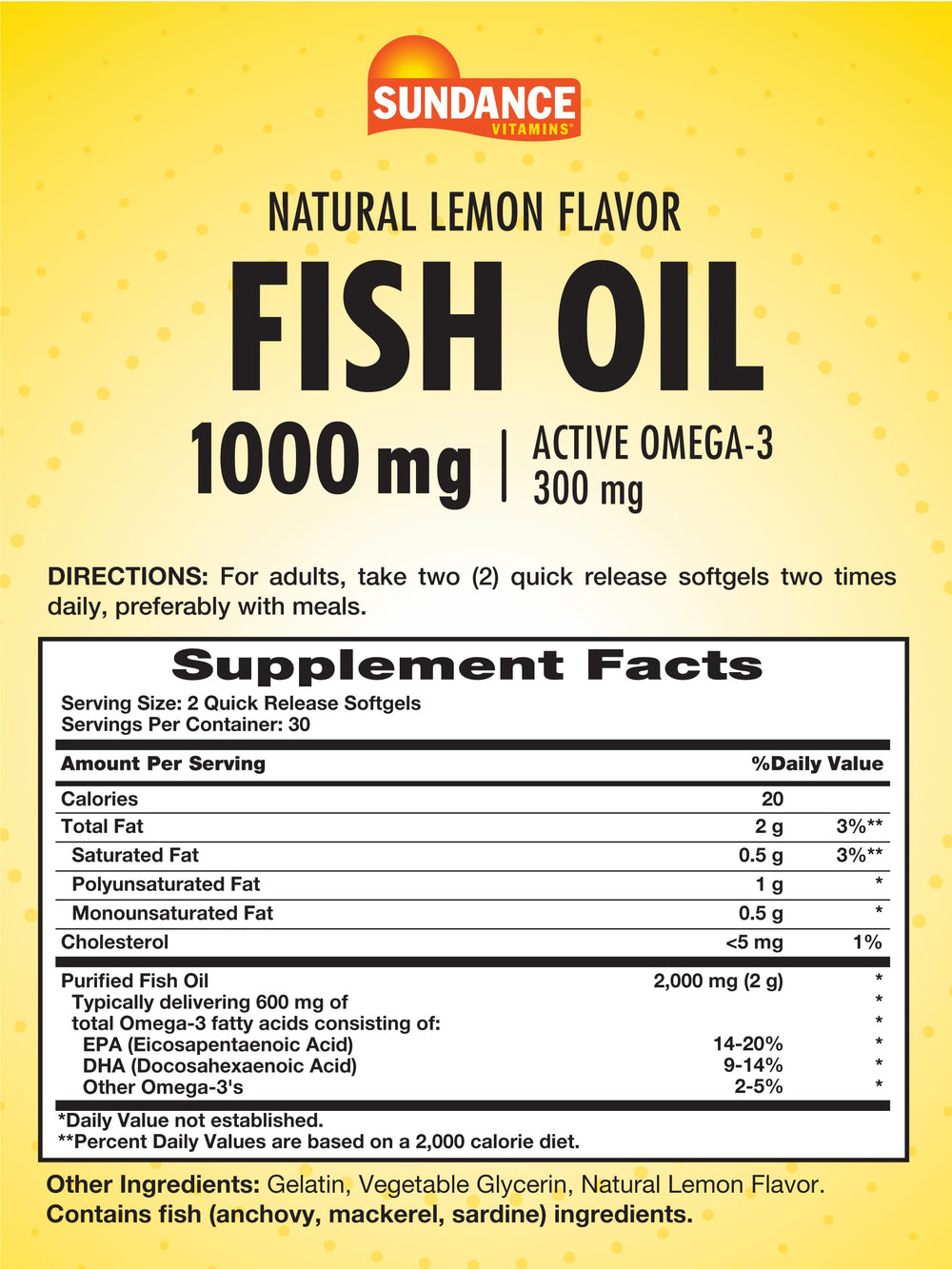 Close-up of Sundance Fish Oil 1000mg lemon flavor softgels