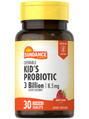 Front view of Sundance Kid's Chewable Probiotic bottle with berry-flavored tablets