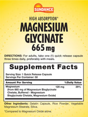 Close-up of Sundance Magnesium Glycinate Capsules showing 665 mg per serving