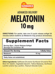 Close-up of Sundance Melatonin 10mg quick-release softgels
