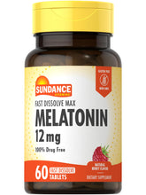 Sundance Melatonin 12mg bottle with 60 fast-dissolve tablets in berry flavor