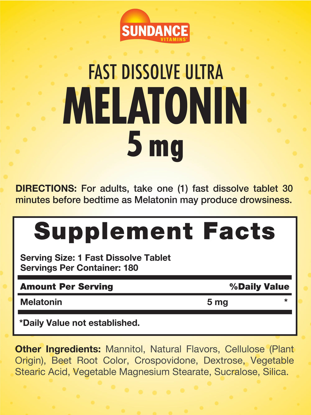 Close-up of Sundance Melatonin 5mg fast-dissolve tablets, berry flavor