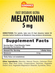 Close-up of Sundance Melatonin 5mg fast-dissolve tablets, berry flavor
