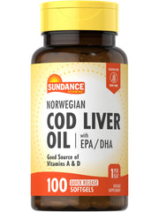 Bottle of Sundance Norwegian Cod Liver Oil 100 softgels on a white background